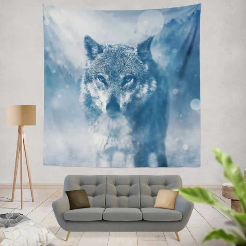 Blue-Eyed Wolf Enigmatic Stare Ethereal Charm Wall Hanging Tapestry