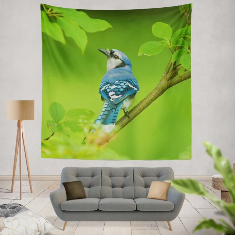 Blue Jay Leafy Perch Natural Harmony Wall Hanging Tapestry