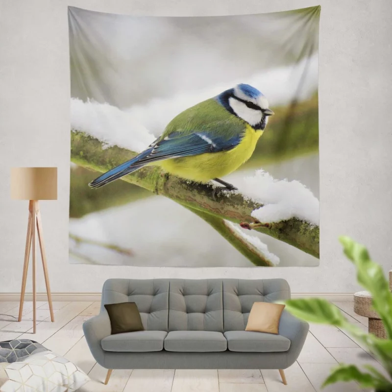 Blue Tit Snowy Perch Artful Bird Wall Hanging Tapestry