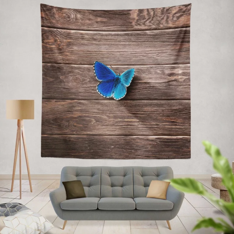 Blue Wonderland Butterfly in Wooden Serenity Wall Hanging Tapestry