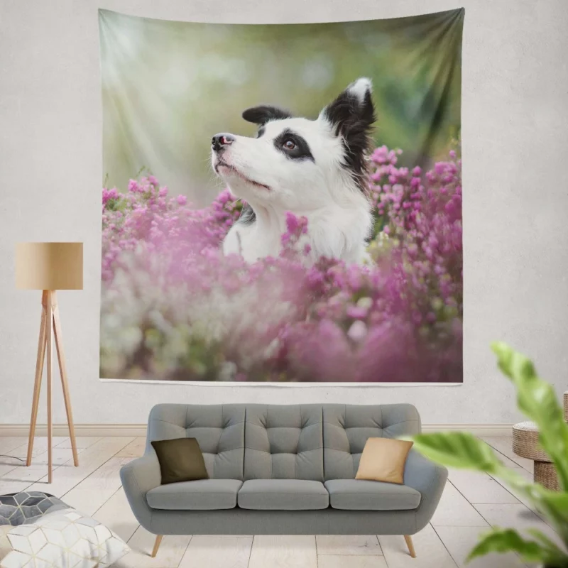 Border Collie Amidst Blooms Playful Energy Wall Hanging Tapestry