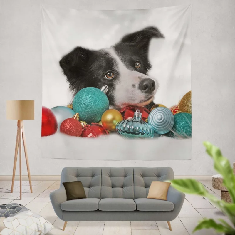 Border Collie Amidst Christmas Baubles Wall Hanging Tapestry