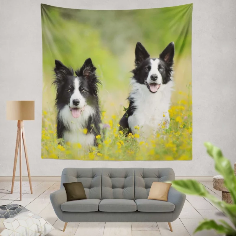 Border Collie Amidst Yellow Bloom Wall Hanging Tapestry