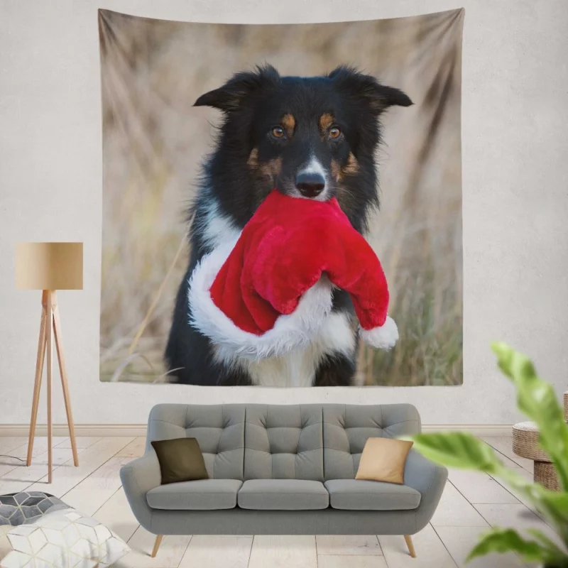 Border Collie in Santa Hat Canine Whimsy Wall Hanging Tapestry