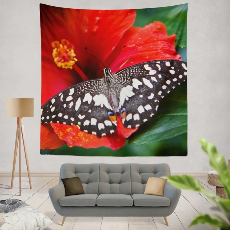 Bright Red Hibiscus Bloom Butterfly Haven Wall Hanging Tapestry