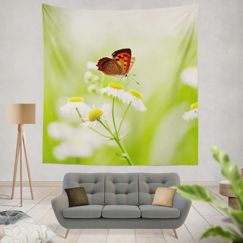 Butterfly Alighting on White Daisies Wall Hanging Tapestry