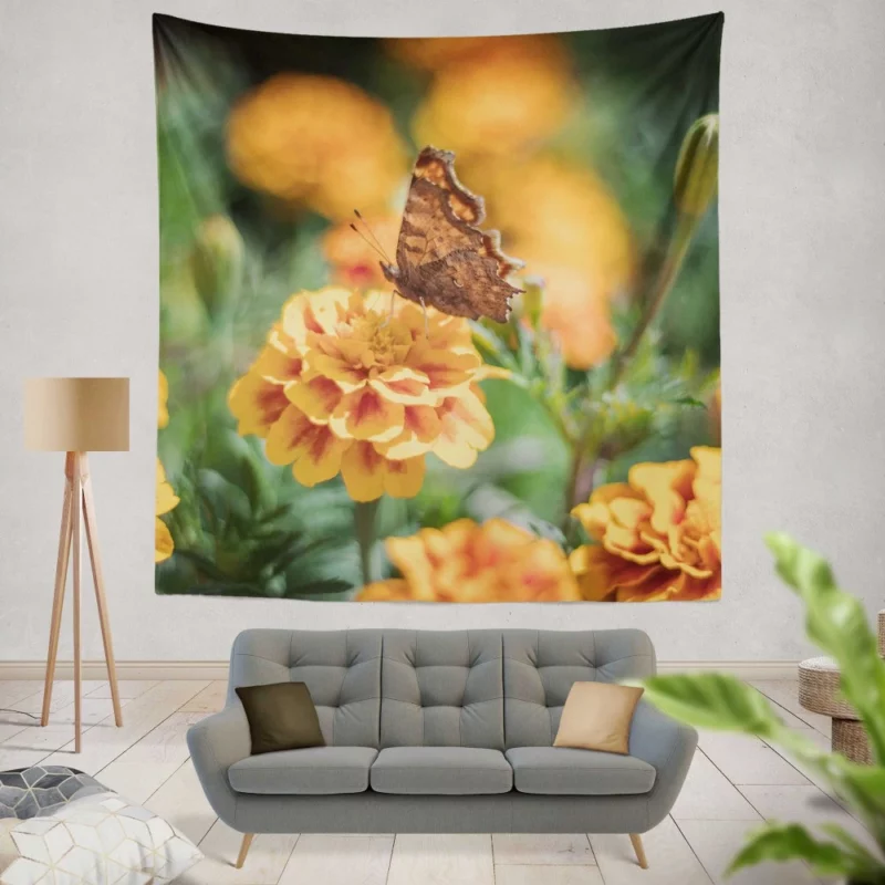 Butterfly Amidst Marigold Beauty Wall Hanging Tapestry