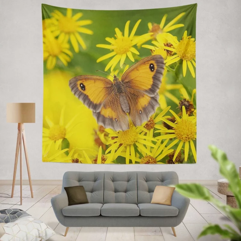 Butterfly Amidst Yellow Flowers Nature Symphony Wall Hanging Tapestry