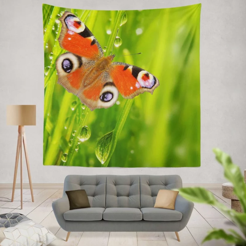 Butterfly Drops on Spring Green Leaves Wall Hanging Tapestry