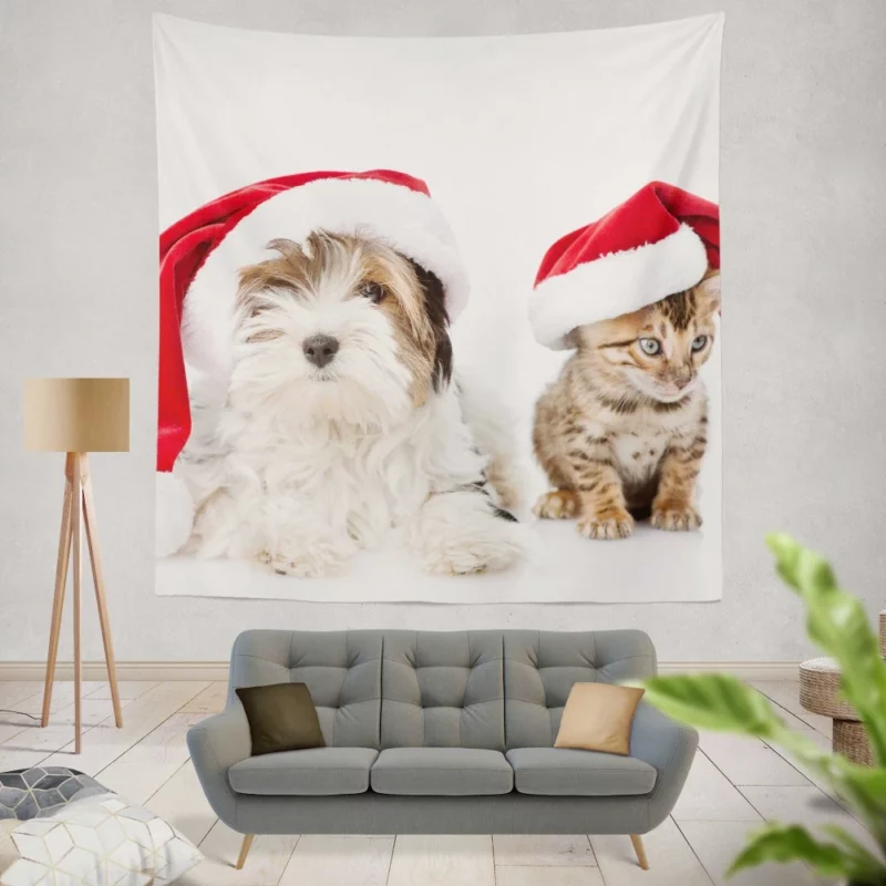 Cat & Dog Santa Playtime Festive Frolic Wall Hanging Tapestry