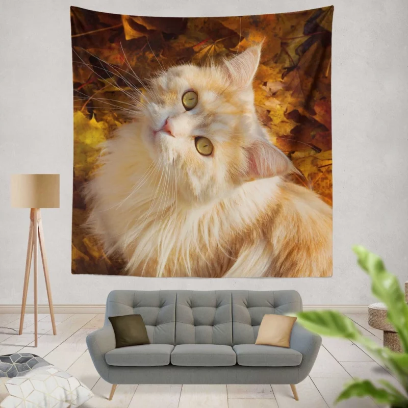 Cat Gaze Amidst Falling Leaves Feline Serenity Wall Hanging Tapestry