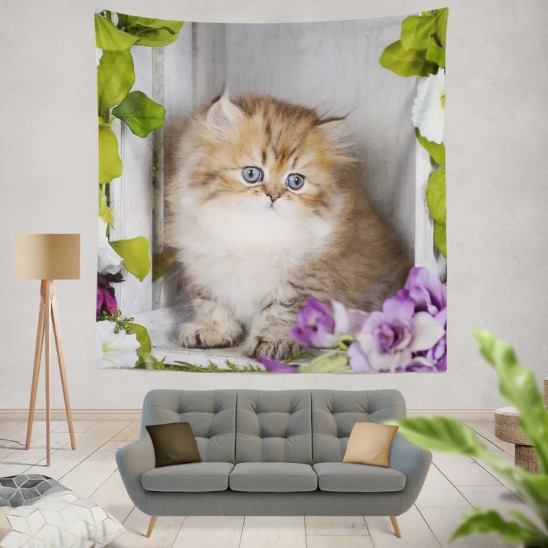 Cat Playful Gaze Amidst Flowers Wall Hanging Tapestry