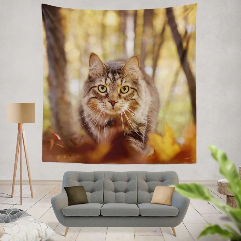 Cat Stare Amidst Falling Leaves Feline Serenity Wall Hanging Tapestry