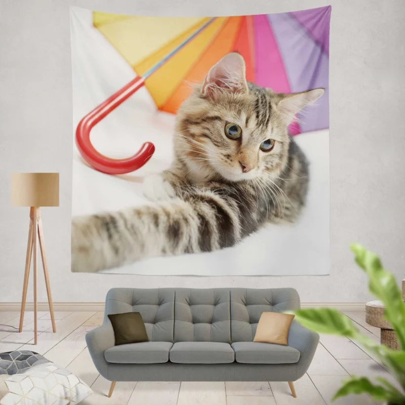 Cat Umbrella Moment Whimsical Charm Wall Hanging Tapestry