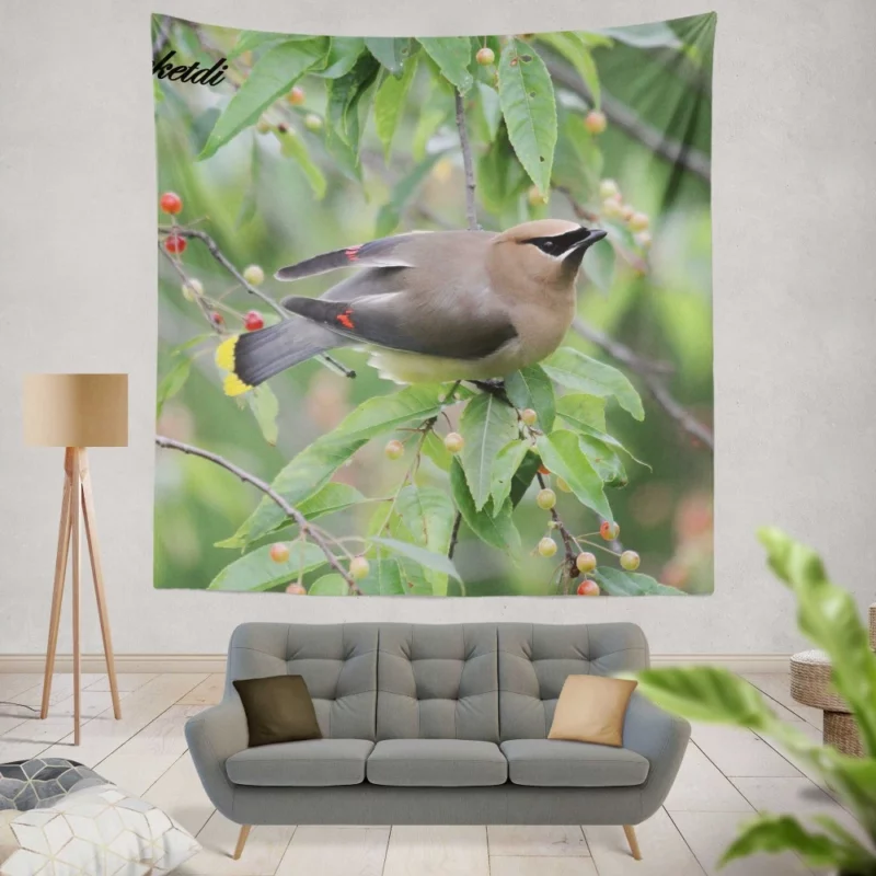 Cedar Waxwing Berry Feast Natural Gourmet Wall Hanging Tapestry