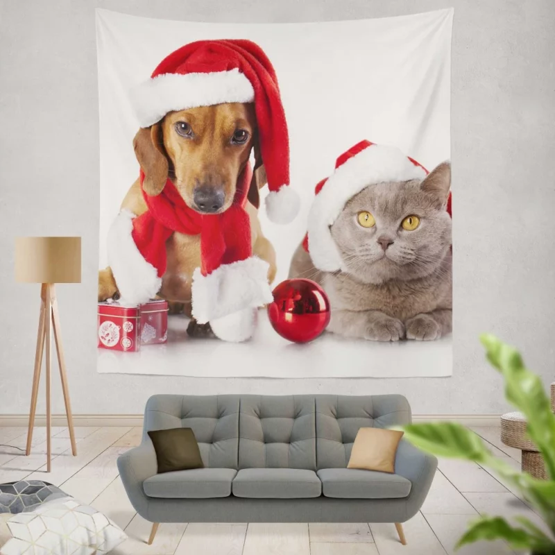 Dachshund & Cat in Christmas Spirits Wall Hanging Tapestry