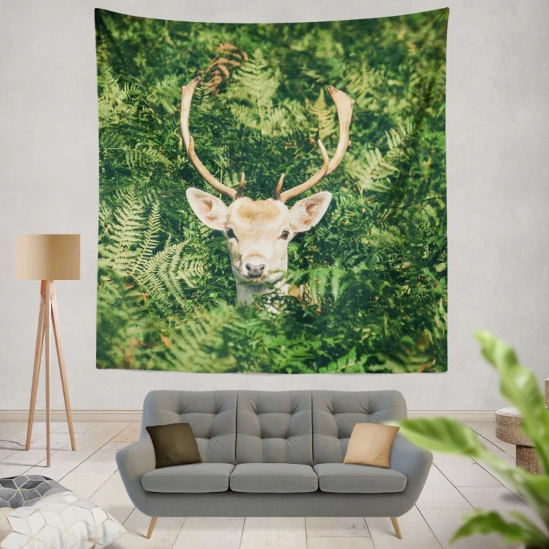 Deer Stare Amidst Fern Wilderness Wonder Wall Hanging Tapestry