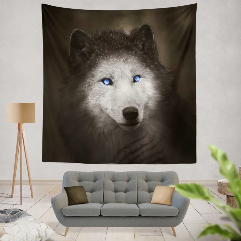 Digital Art Blue-Eyed Wolf Allure Wall Hanging Tapestry