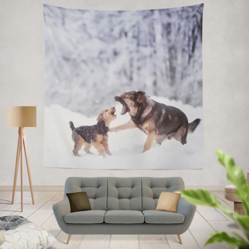 Dog Winter Play Joyful Interaction Wall Hanging Tapestry