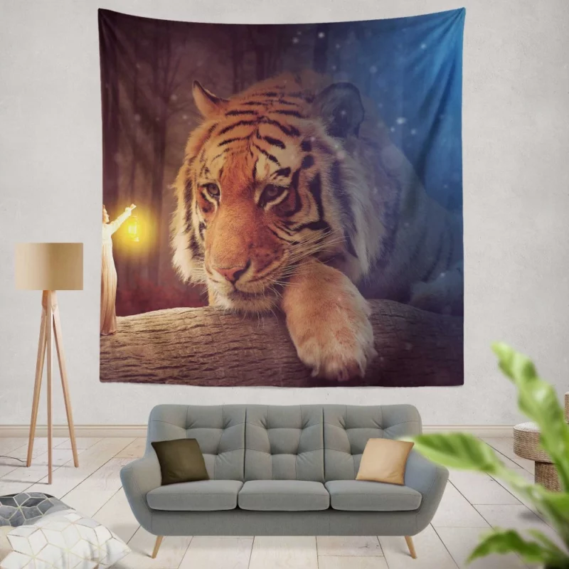 Enchanting Bengal Tiger with Fairy Woman and Lantern Wall Hanging Tapestry