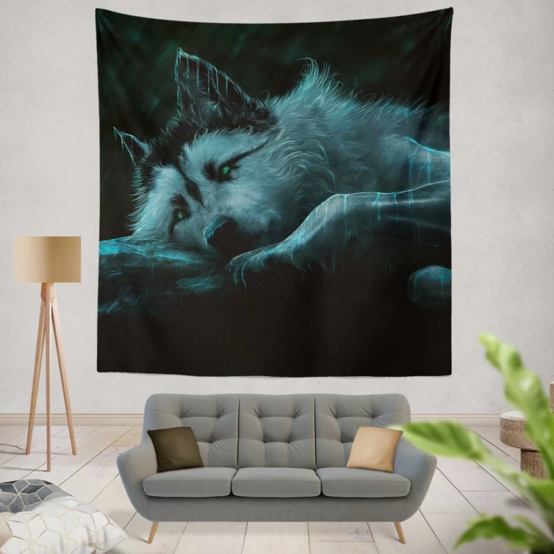 Ethereal Wolf in Rainy Landscape Wall Hanging Tapestry