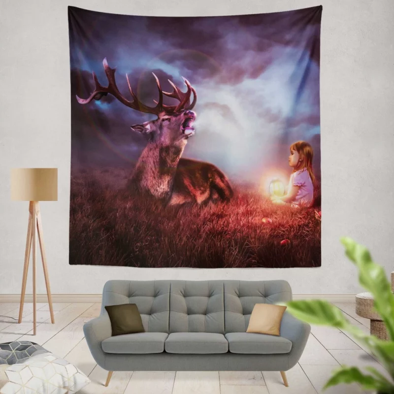 Fantasy Child with Deer Nighttime Enchantment Wall Hanging Tapestry