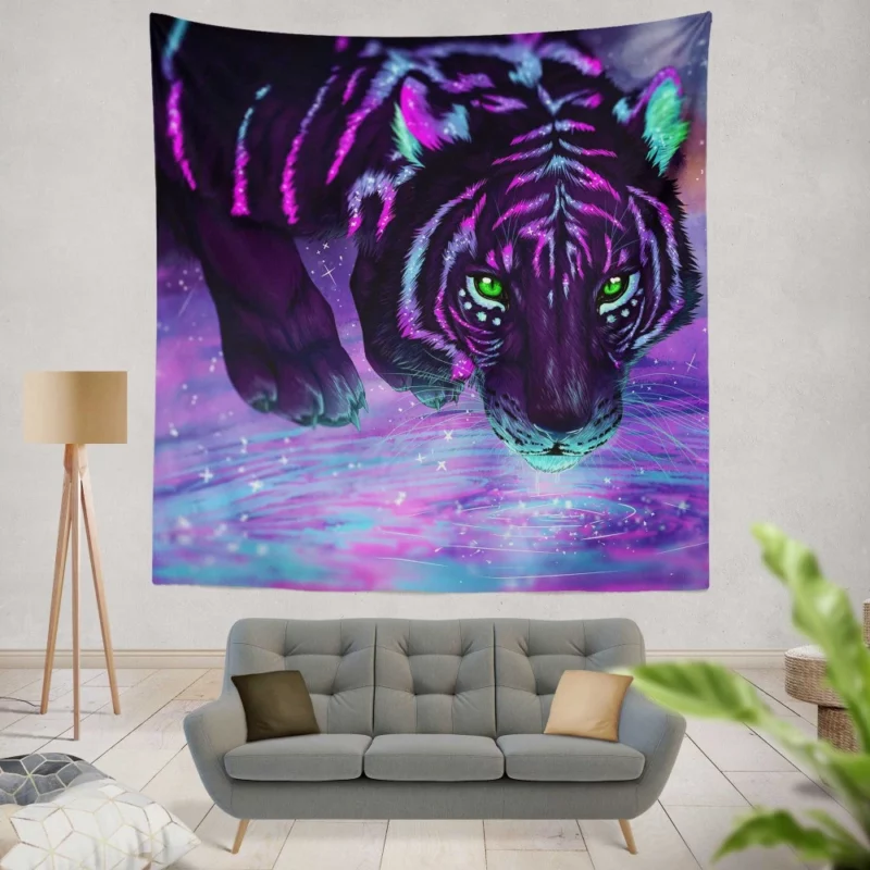 Fantasy Tiger Night Reflections Wall Hanging Tapestry