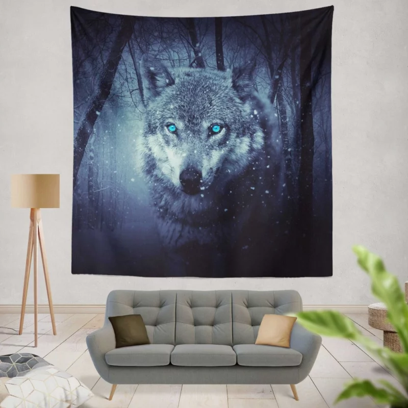 Fantasy Wolf in Winter Forest Enigmatic Aura Wall Hanging Tapestry