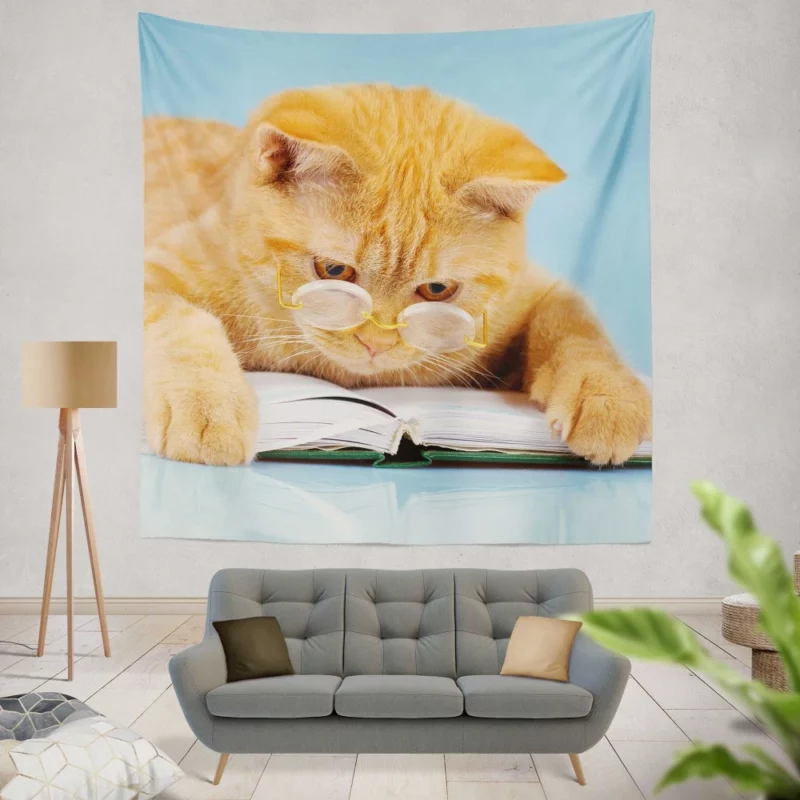 Feline Scholar Glasses & Books Wall Hanging Tapestry