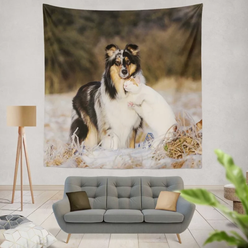 Feline and Canine Companionship Adorable Wall Hanging Tapestry