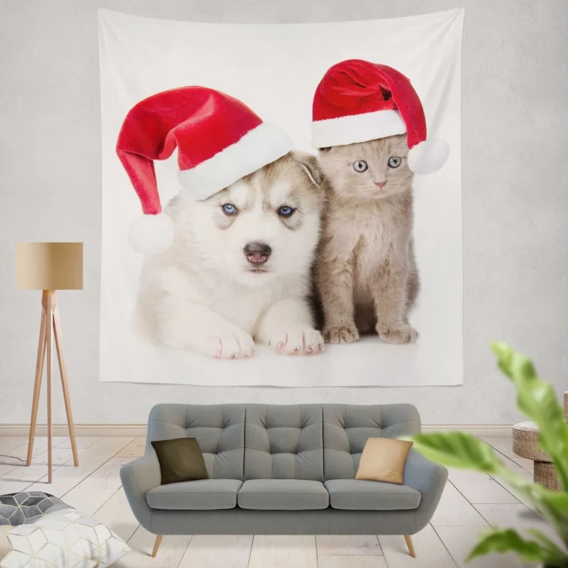 Festive Puppy & Kitten Duo Holiday Joy Wall Hanging Tapestry