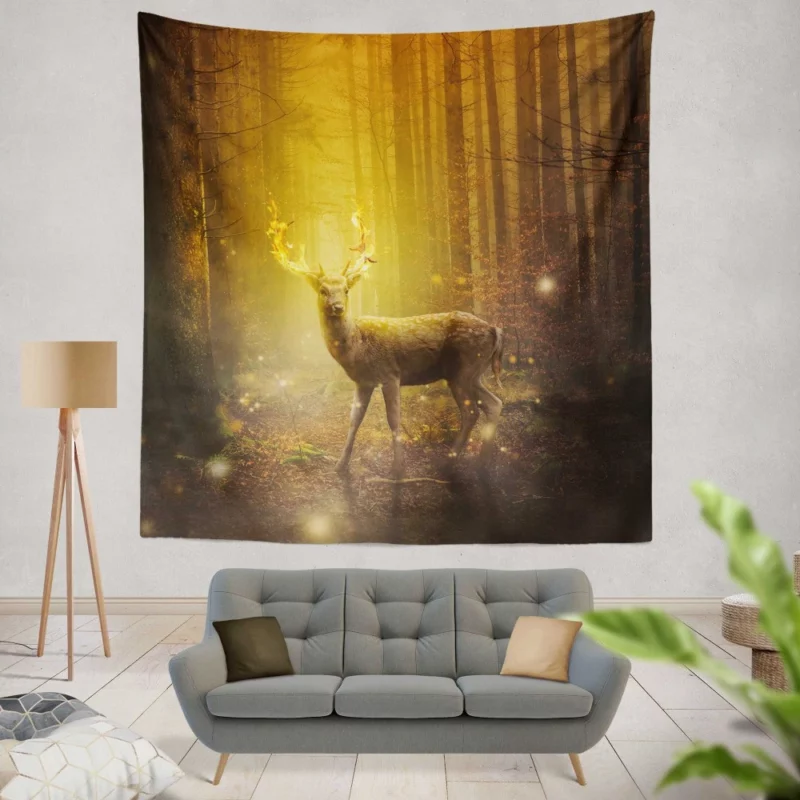 Fire Antlered Fantasy Deer in Forest Wall Hanging Tapestry