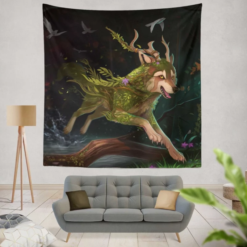 Forest Horned Wolf Enchanted Wilderness Wall Hanging Tapestry