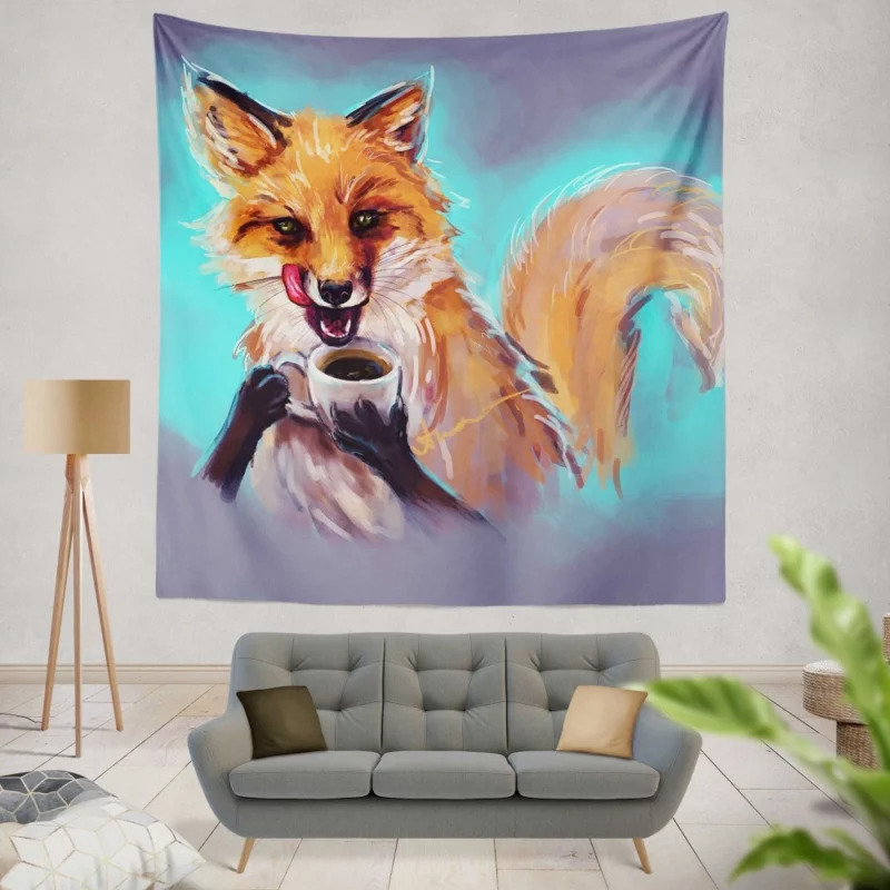 Fox Enjoying Coffee Fantasy Delight Wall Hanging Tapestry