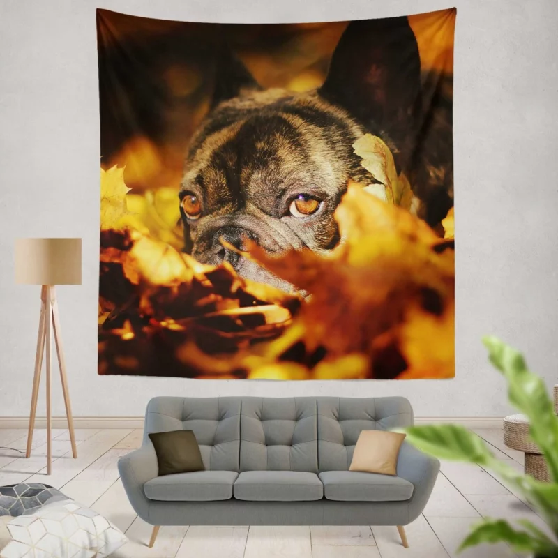 French Bulldog Amidst Fall Leaves Cozy Charm Wall Hanging Tapestry