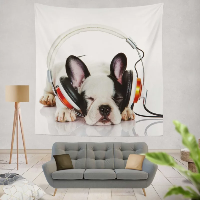 French Bulldog with Headphones Music-Loving Moment Wall Hanging Tapestry