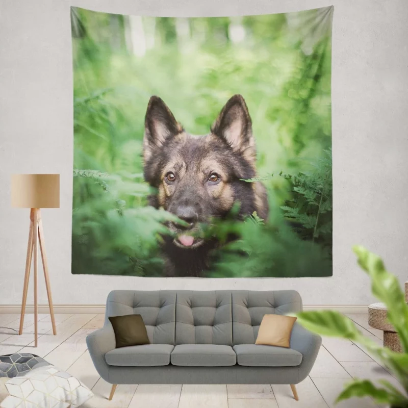 German Shepherd Amidst Ferns Canine Majesty Wall Hanging Tapestry