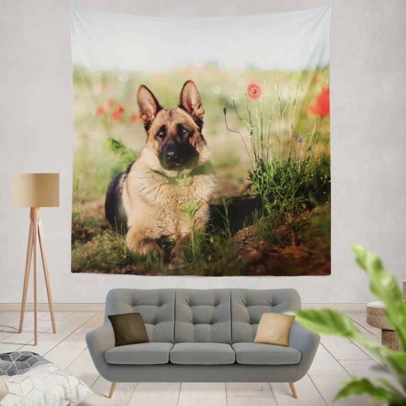 German Shepherd Amidst Poppies Summer Serenity Wall Hanging Tapestry