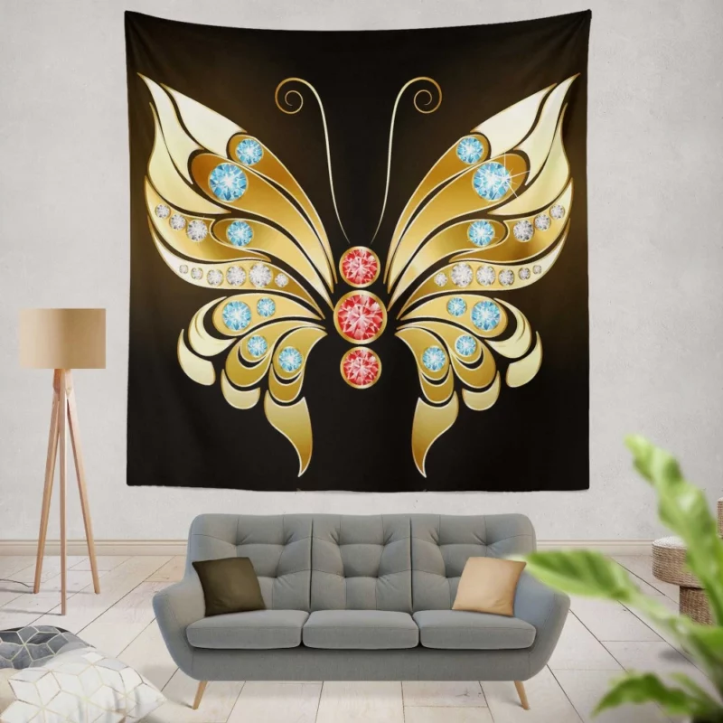 Golden Butterfly Jewel Radiance Artistic Elegance Wall Hanging Tapestry