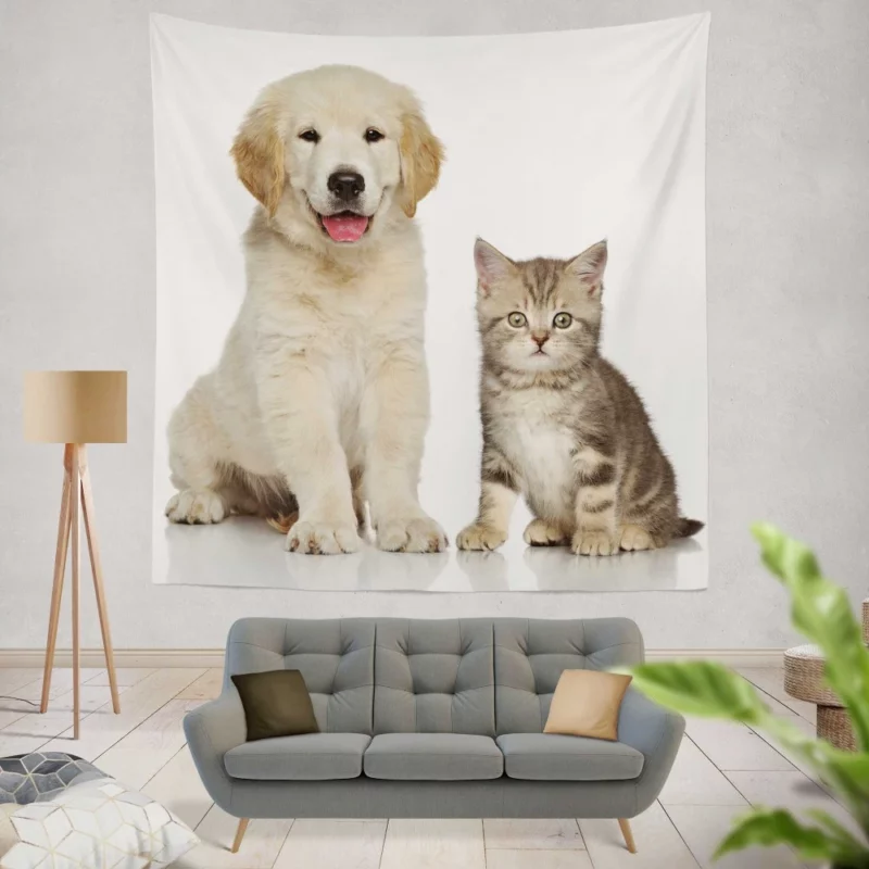 Golden Duo Puppy Kitten and Love Wall Hanging Tapestry