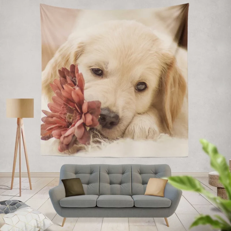 Golden Retriever Amidst Flowers Natural Beauty Wall Hanging Tapestry