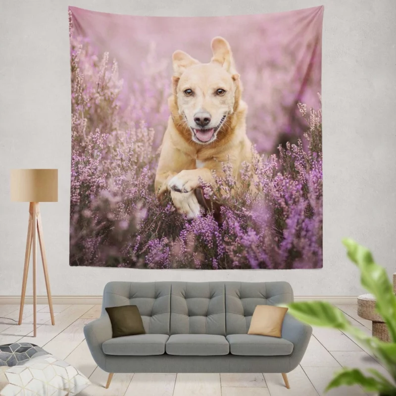 Golden Retriever Amidst Purple Bloom Wall Hanging Tapestry