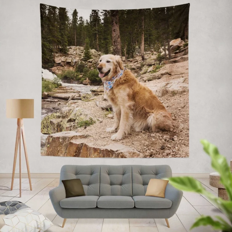 Golden Retriever by Stream Wall Hanging Tapestry