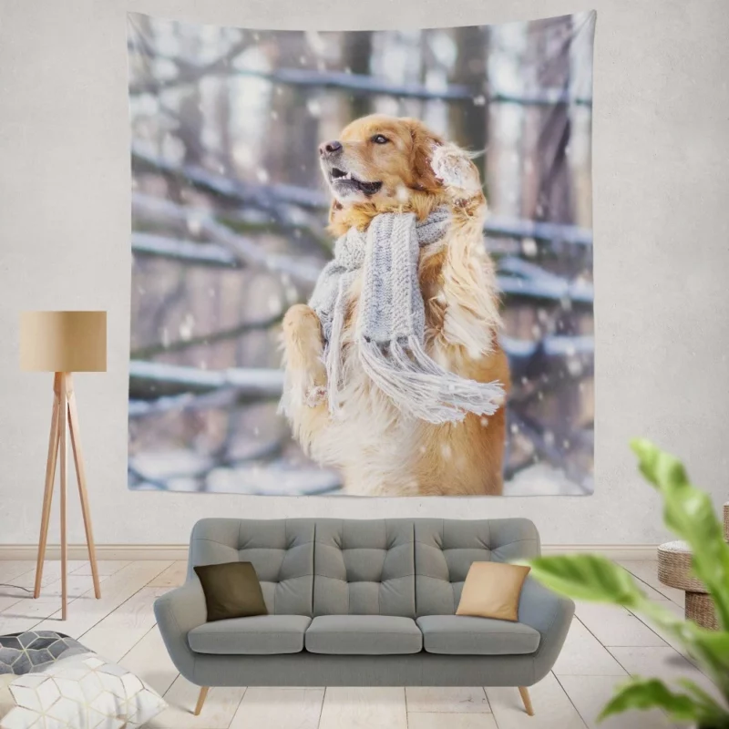 Golden Retriever in Winter Wonderland Wall Hanging Tapestry