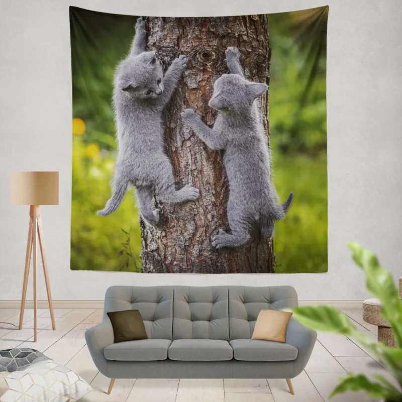 Gray Kittens Climbing Tree Furry Play Wall Hanging Tapestry