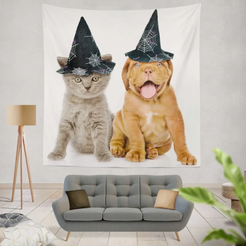 Halloween Duo Witchy Puppy and Kitten Wall Hanging Tapestry