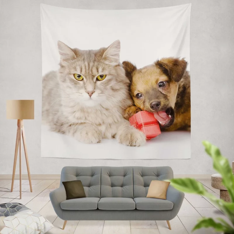 Harmonious Companions Feline and Canine Wall Hanging Tapestry