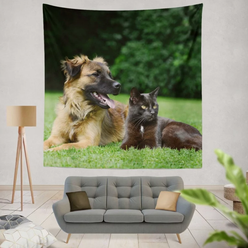 Heartwarming Cat-Dog Duo Affection Wall Hanging Tapestry