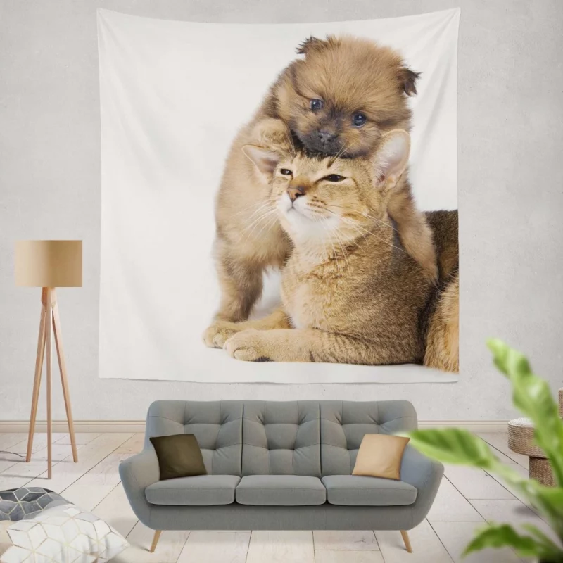 Heartwarming Cat-Dog Hug Furry Bond Wall Hanging Tapestry