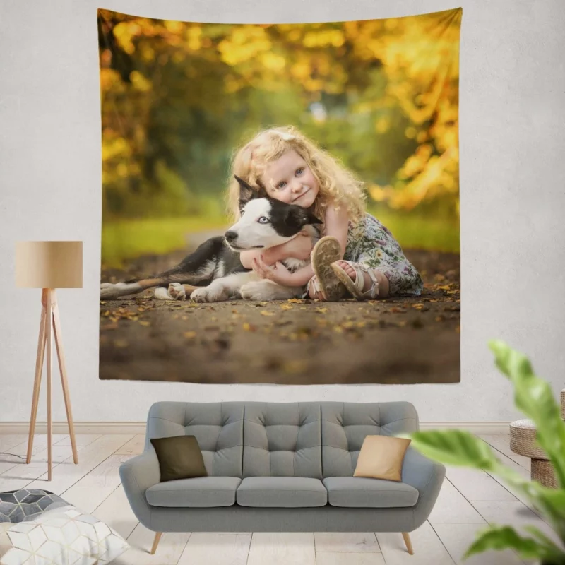 Heartwarming Child and Loyal Dog Bond Wall Hanging Tapestry